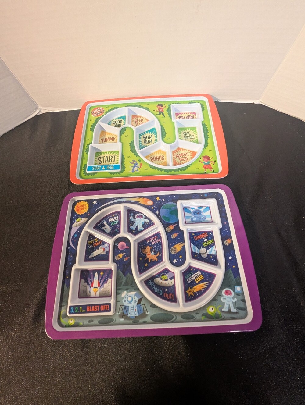 2 Fred & Friends Dinner Kids toddler Divided melamine Plate Tray Space & Games